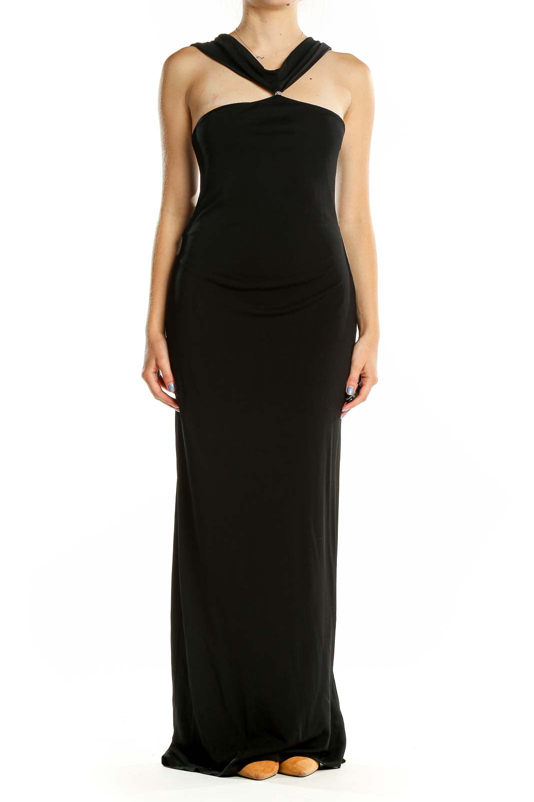 Front view of black David Meister halter neck maxi dress