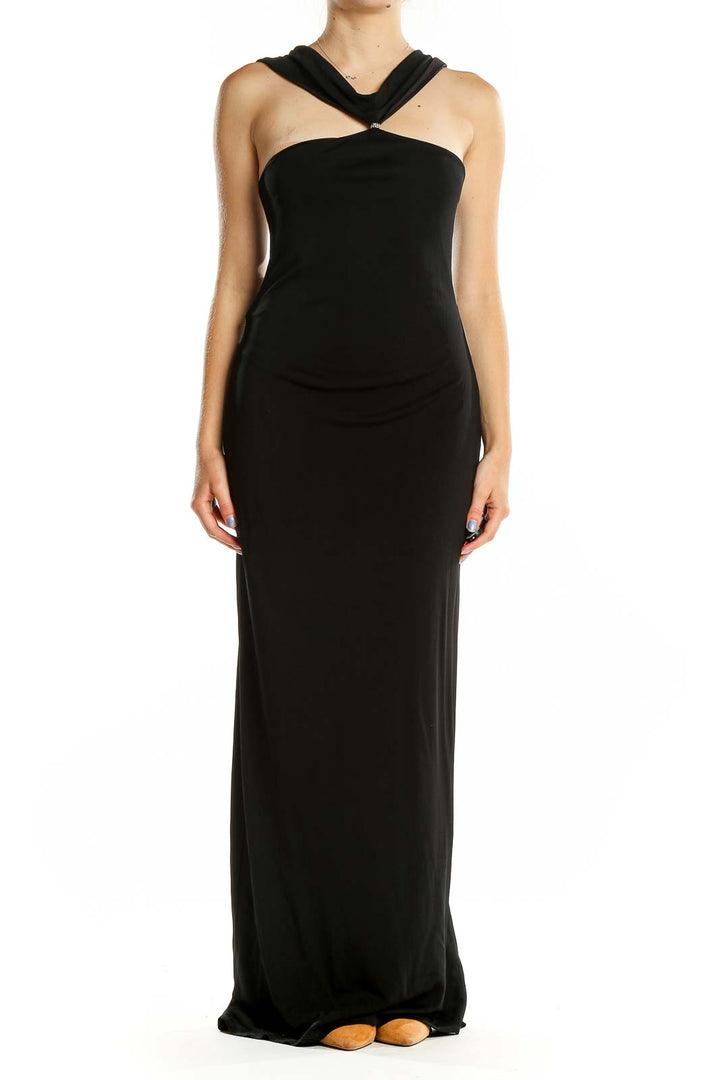 Front view of black David Meister halter neck maxi dress