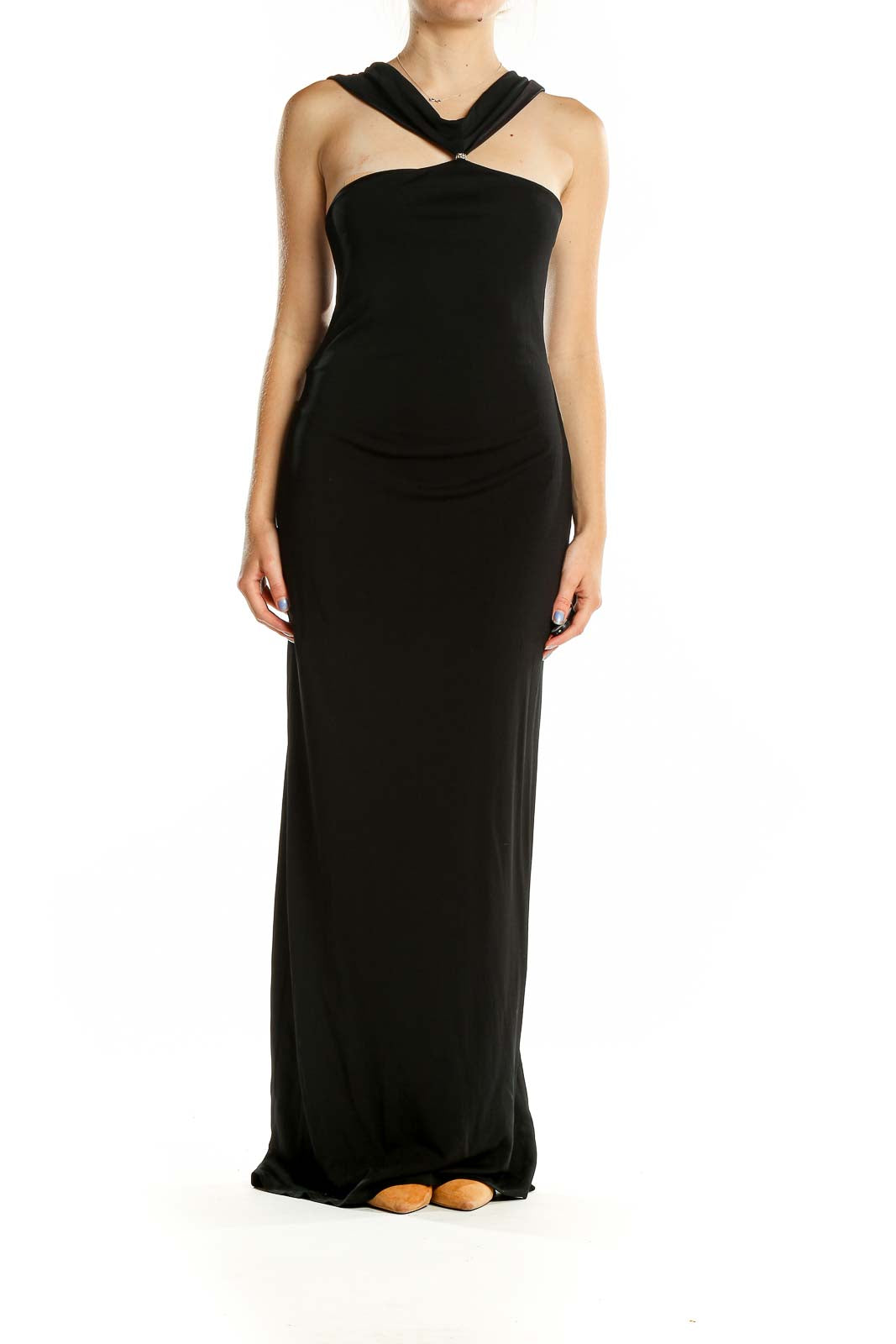 Front view of black David Meister halter neck maxi dress