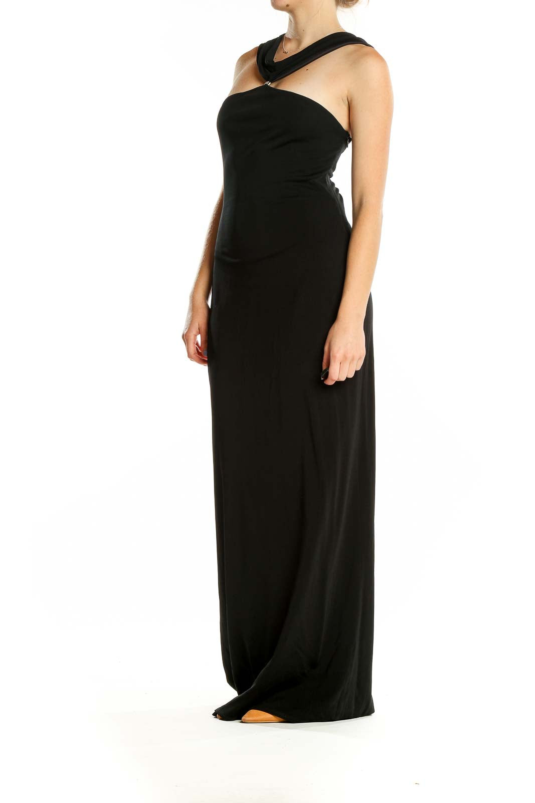 Front view of black David Meister halter neck maxi dress