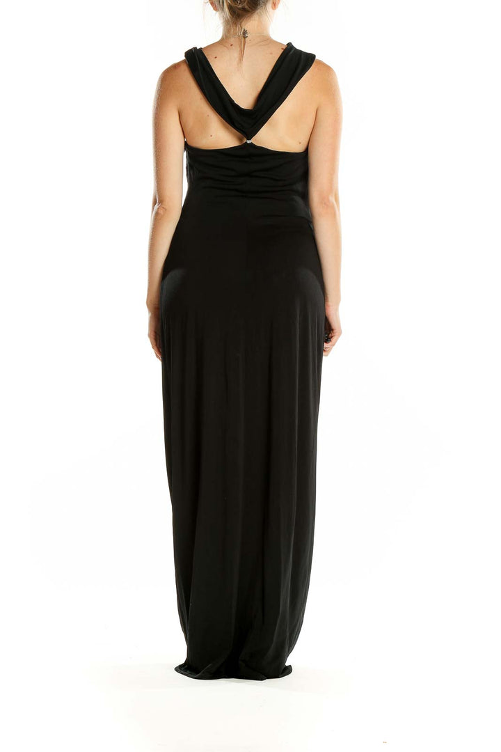 Back view of black David Meister halter neck maxi dress showing crossover detail