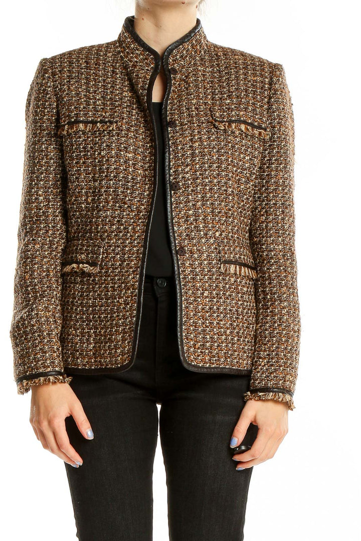 Front view of Tahari Arthur S. Levine brown tweed jacket with mandarin collar