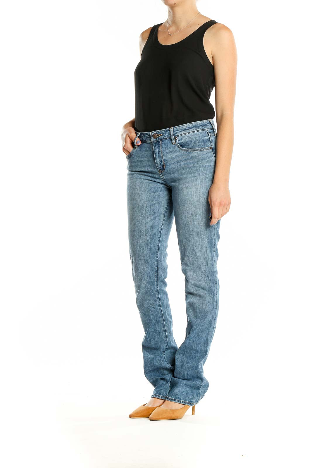 Front view of Abercrombie & Fitch light blue straight leg jeans on model