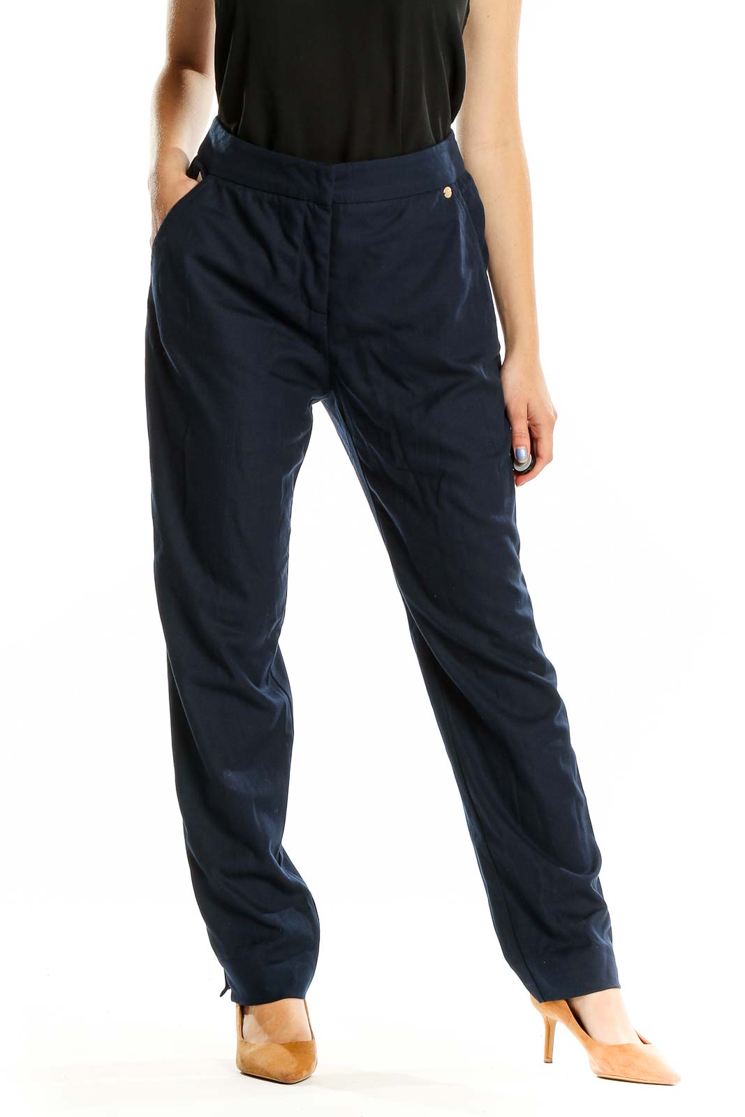 Front view of Trina Turk navy tailored straight-leg trousers