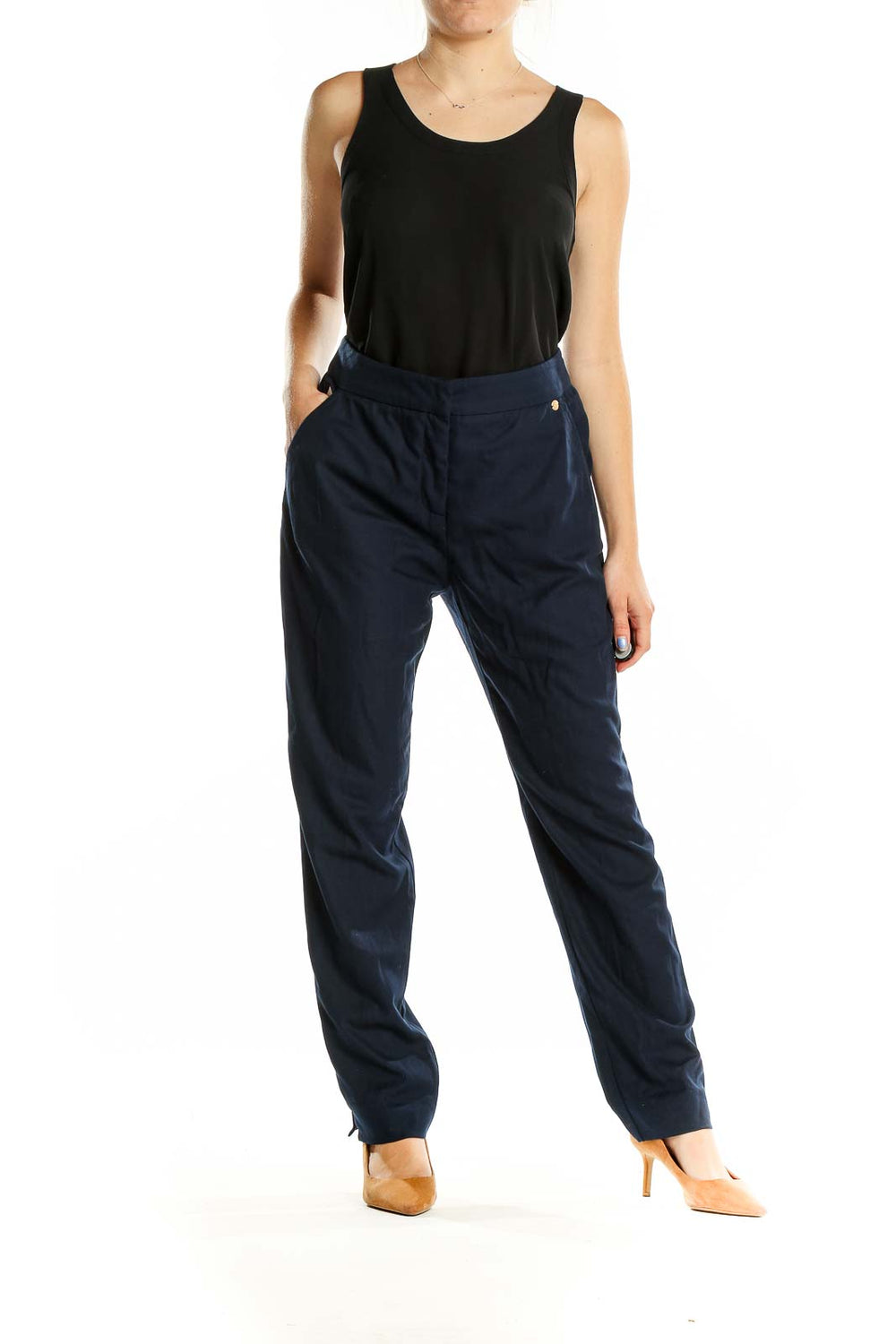 Front view of Trina Turk navy tailored straight-leg trousers