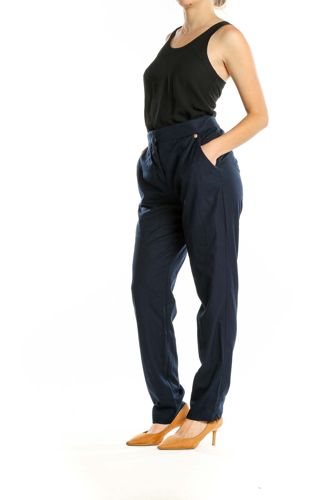 Front view of Trina Turk navy tailored straight-leg trousers