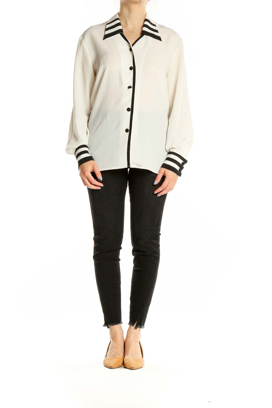 White Black Collared Long Sleeve Vintage Top