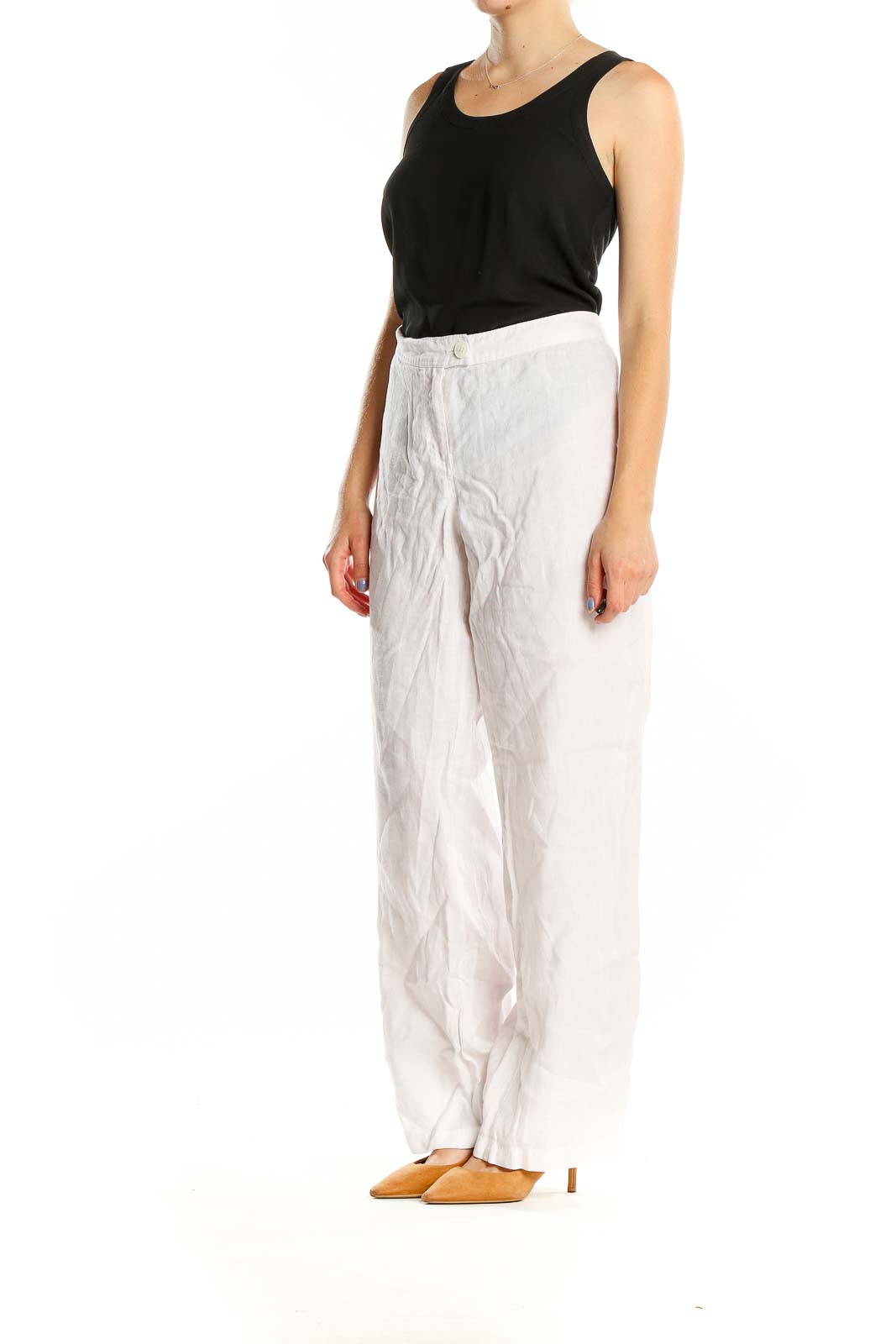 Front view of Tommy Bahama white linen wide-leg pants on model