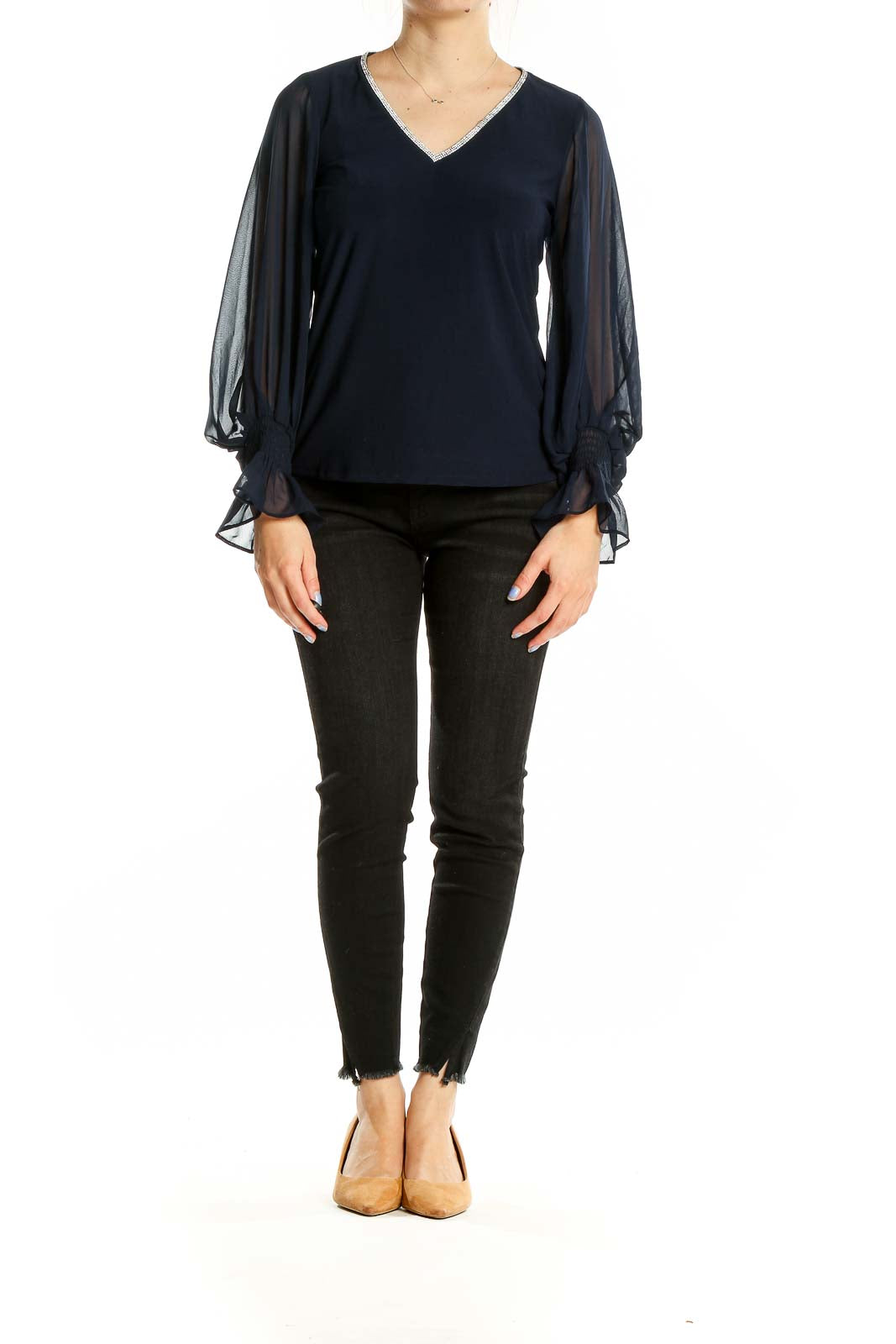 Front view of Vince Camuto navy top with sheer sleeves and V-neckline