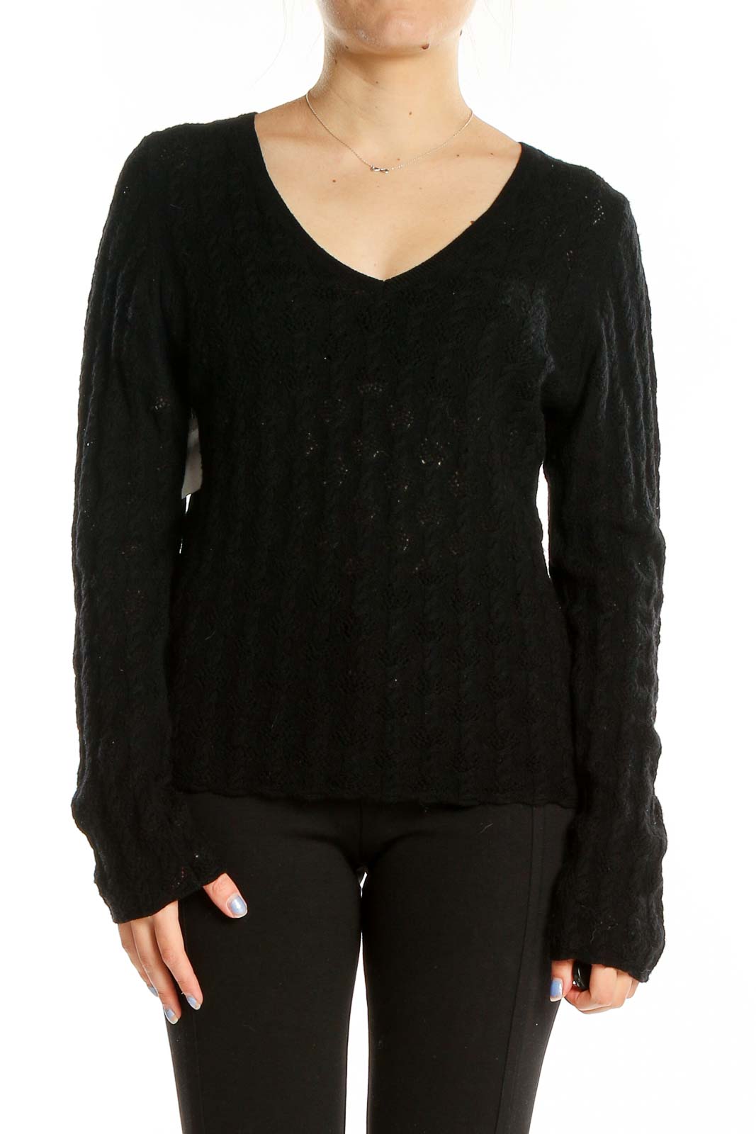 Front view of Banana Republic black Merino wool V-neck sweater