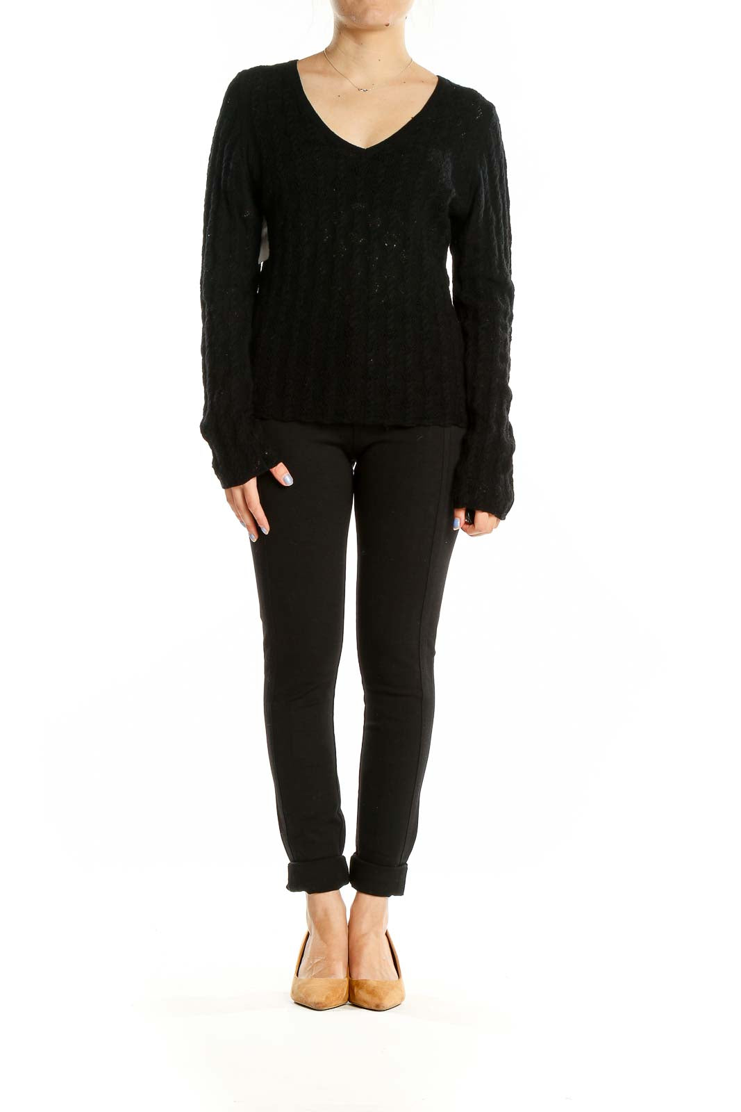 Front view of Banana Republic black Merino wool V-neck sweater