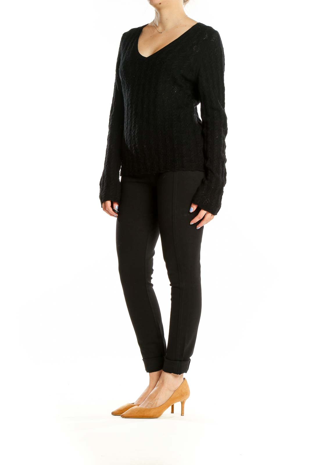 Front view of Banana Republic black Merino wool V-neck sweater