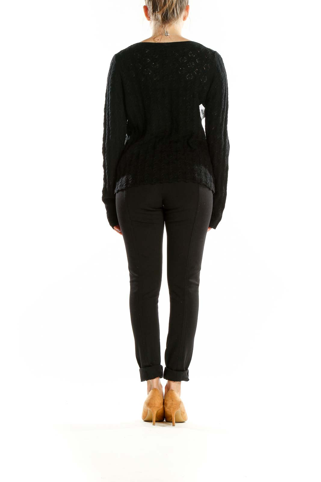 Back view of Banana Republic black Merino wool V-neck sweater on model