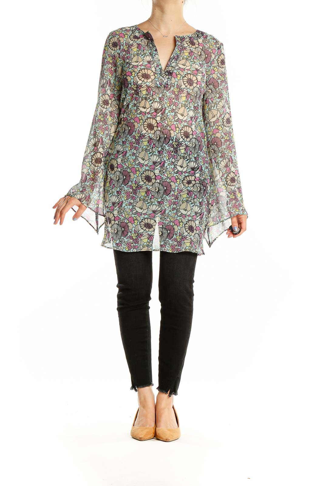 Front view of Nicole by Nicole Miller multicolor floral print tunic top with V-neckline