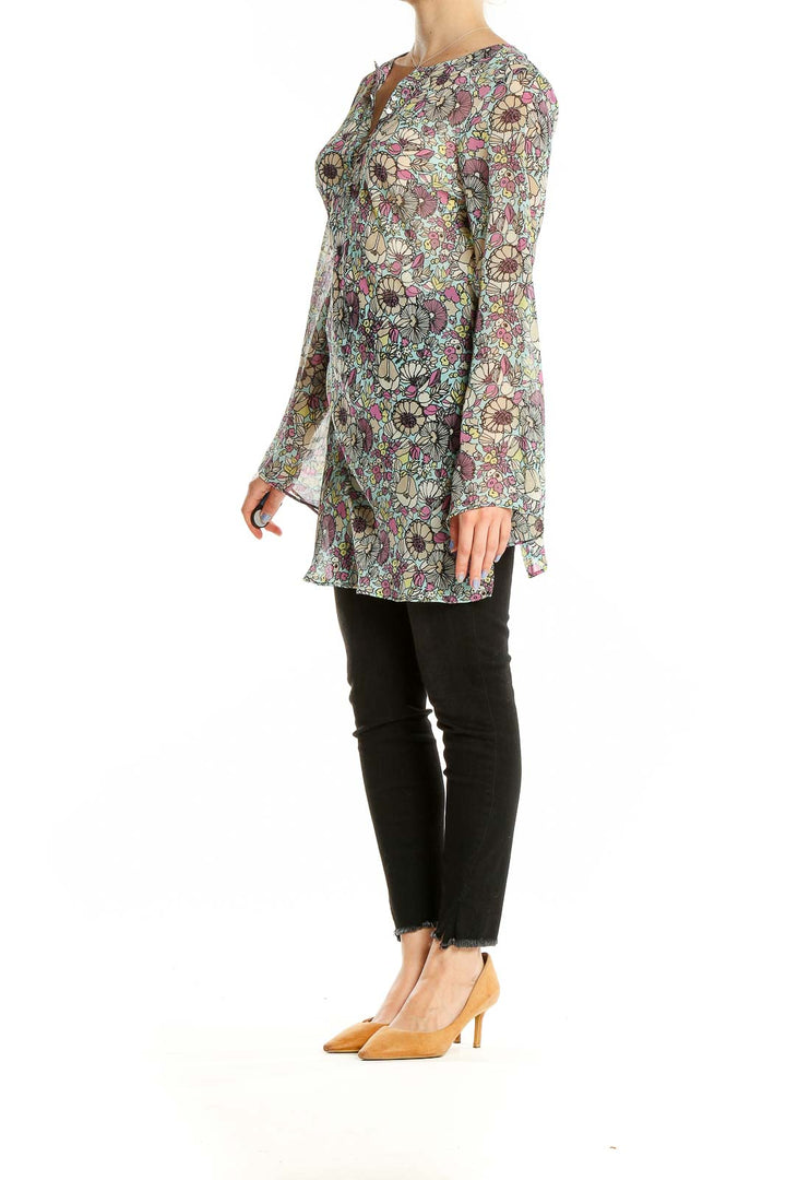 Front view of Nicole by Nicole Miller multicolor floral print tunic top with V-neckline