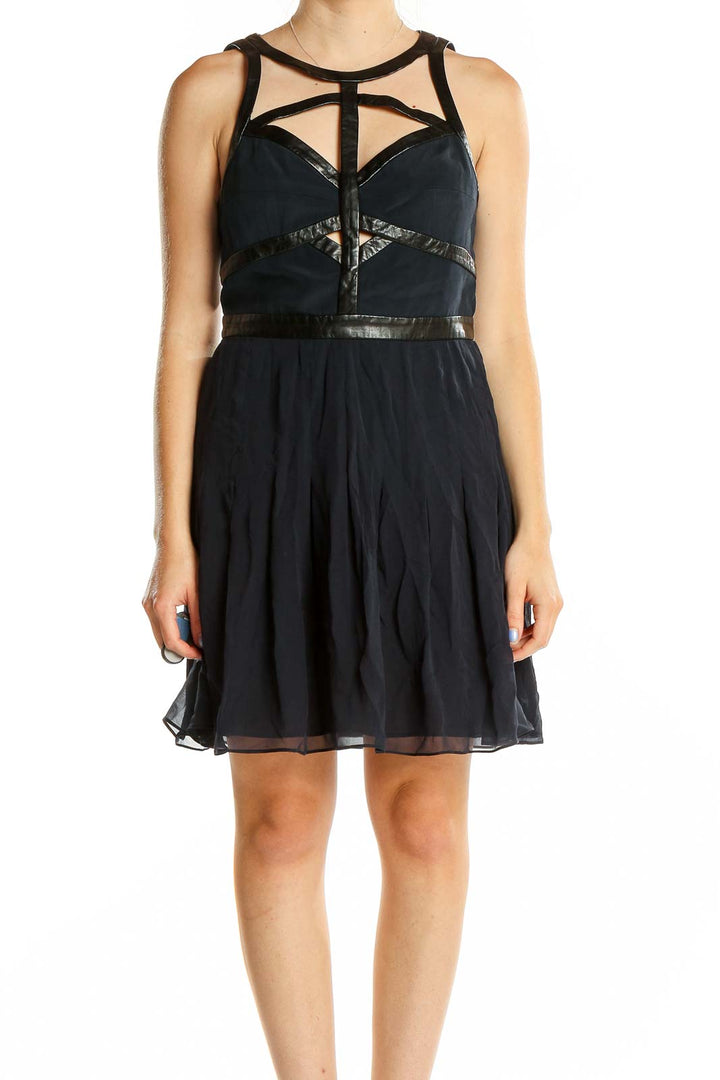 Front view of Rebecca Taylor black leather cocktail dress with cutout details