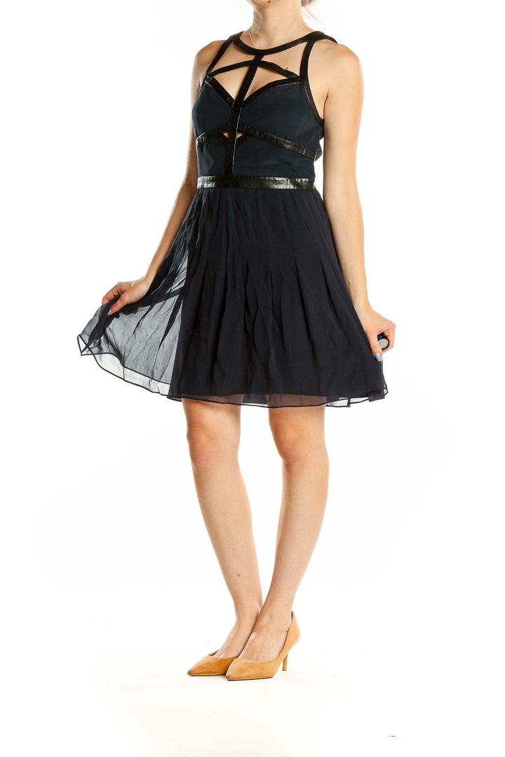 Front view of Rebecca Taylor black leather cocktail dress with cutout details