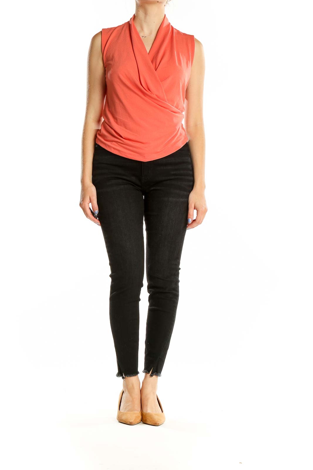 Front view of T Tahari coral sleeveless wrap top with V-neckline