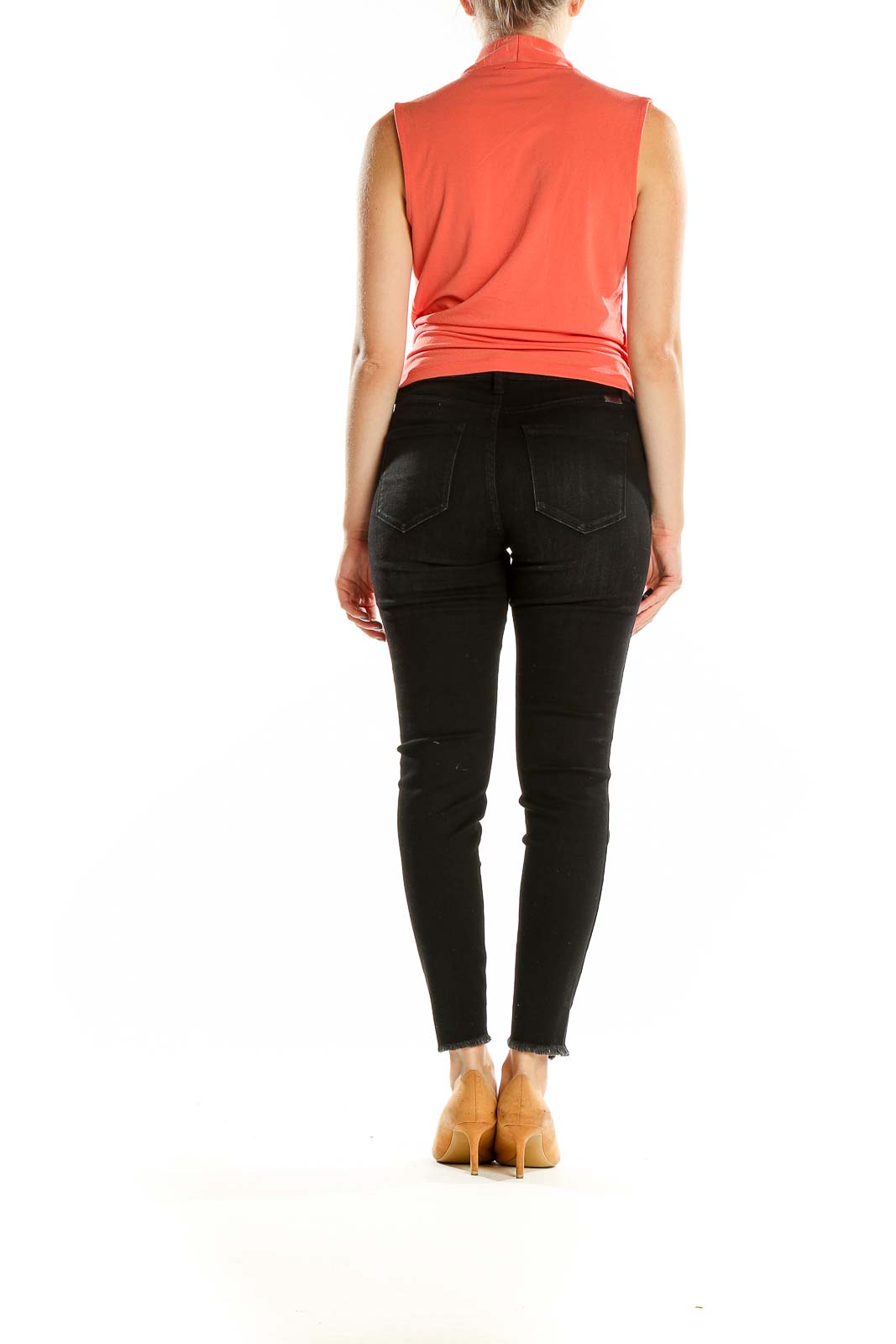 Back view of T Tahari coral sleeveless wrap top showing fitted silhouette