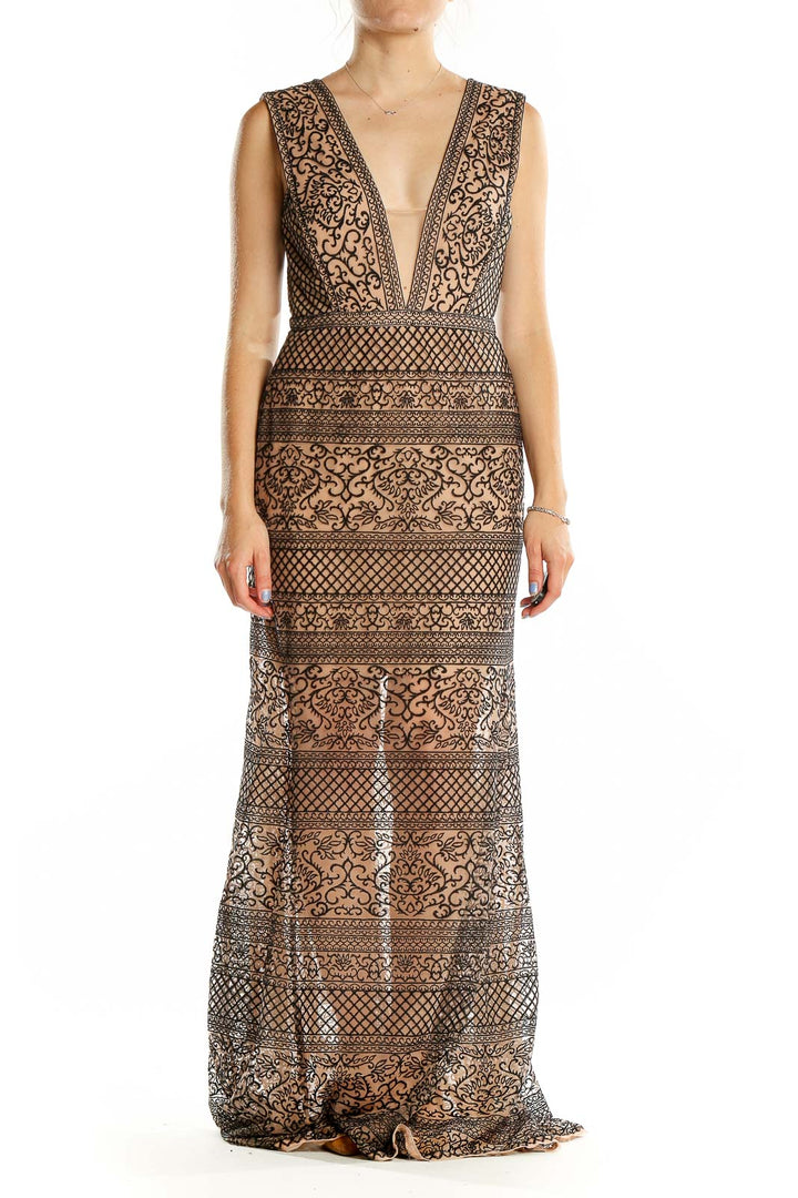 Brown Embroidered Column Dress