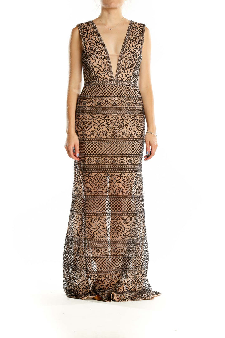 Brown Embroidered Column Dress