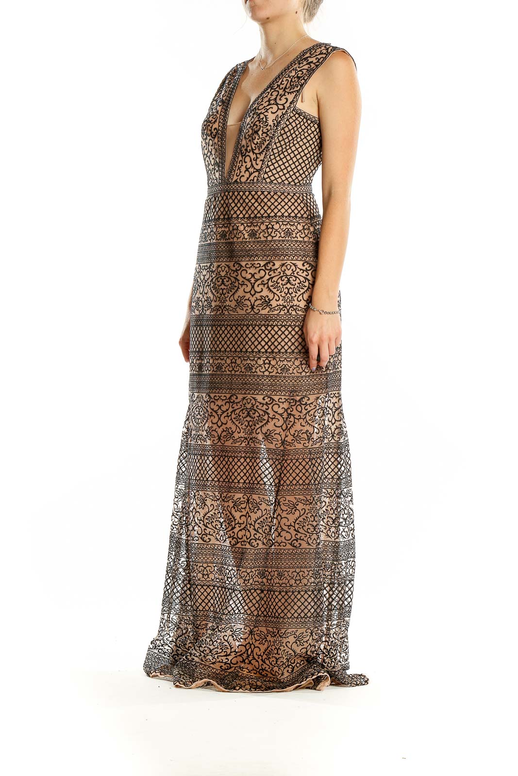 Brown Embroidered Column Dress