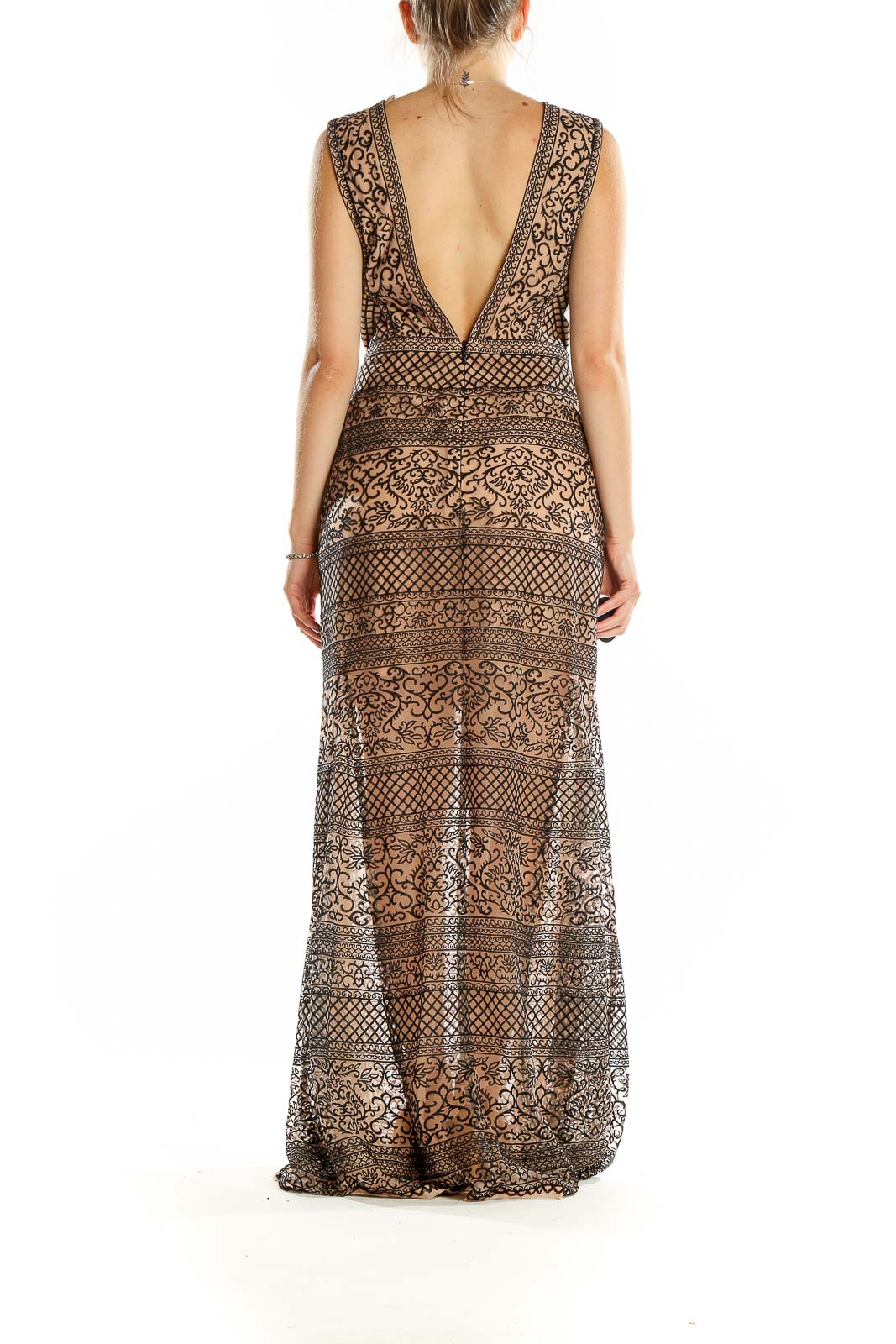 Brown Embroidered Column Dress