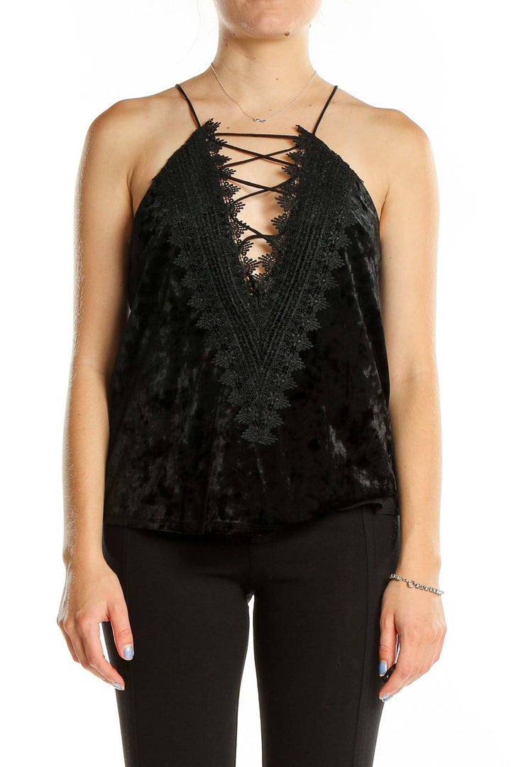 Black Sleeveless Lace Up Velour Top