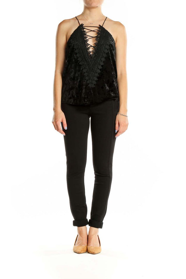 Black Sleeveless Lace Up Velour Top