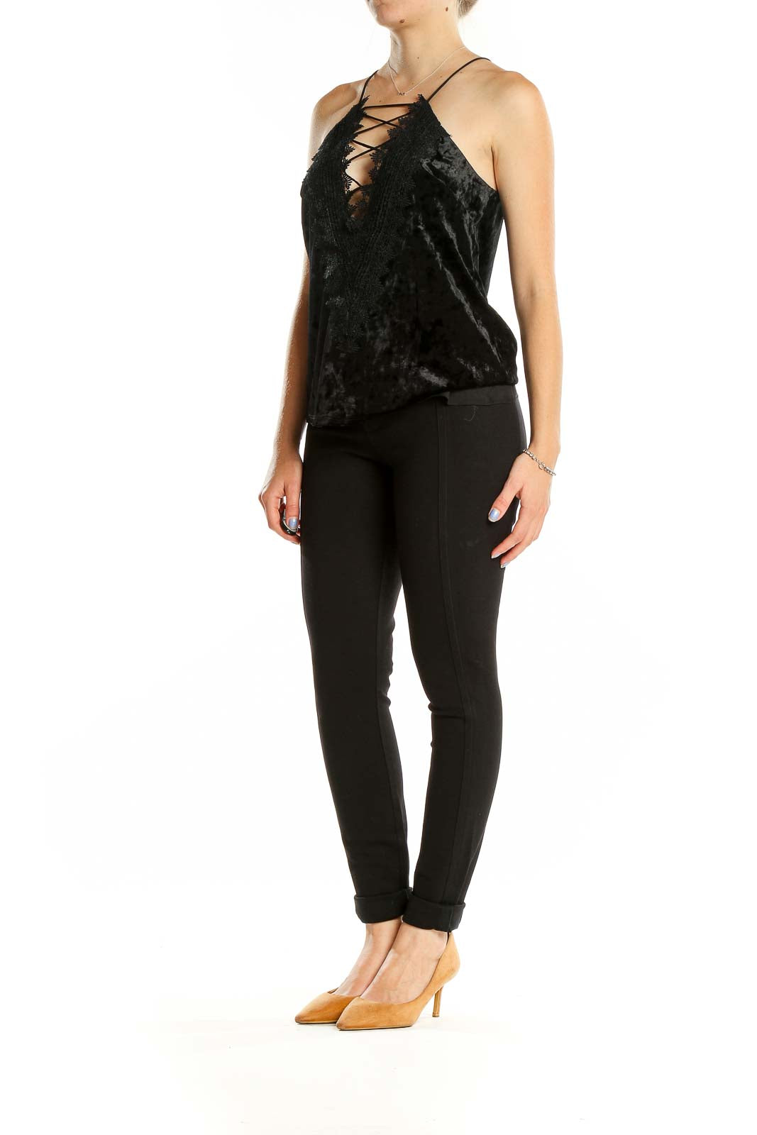 Black Sleeveless Lace Up Velour Top