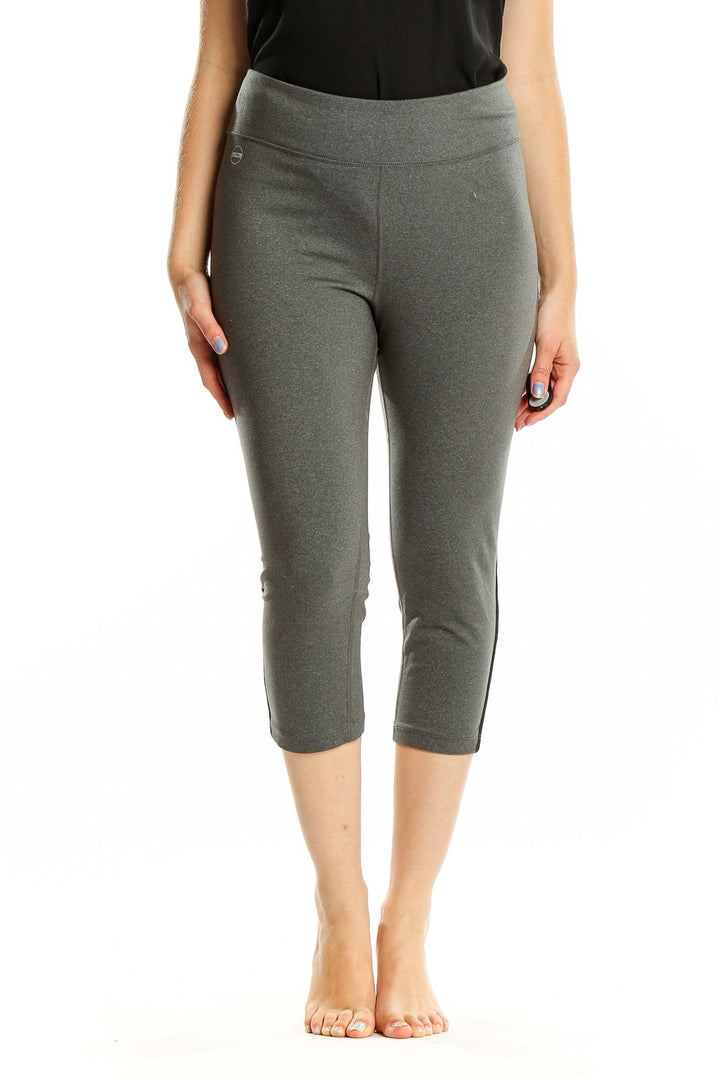 Front view of gray Lauren Ralph Lauren capri activewear leggings with black side panel