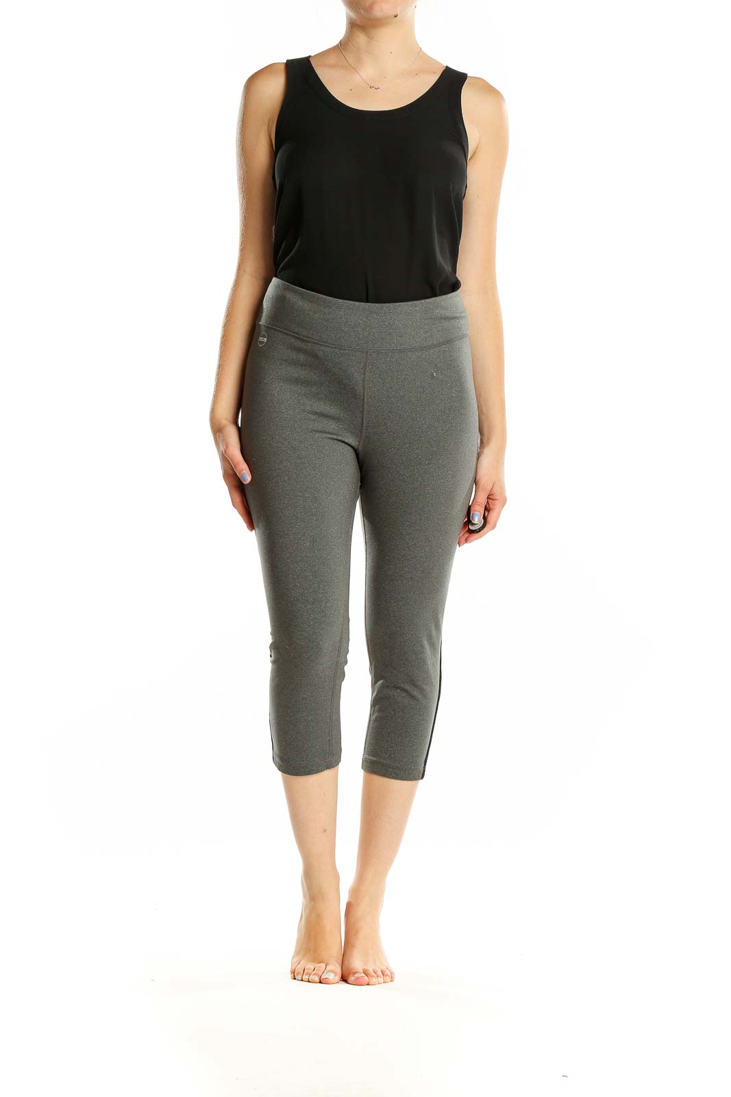 Front view of gray Lauren Ralph Lauren capri activewear leggings with black side panel