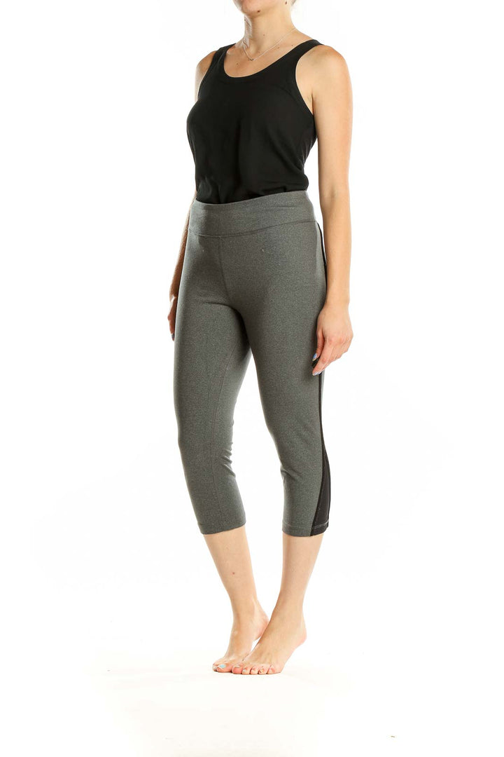 Front view of gray Lauren Ralph Lauren capri activewear leggings with black side panel