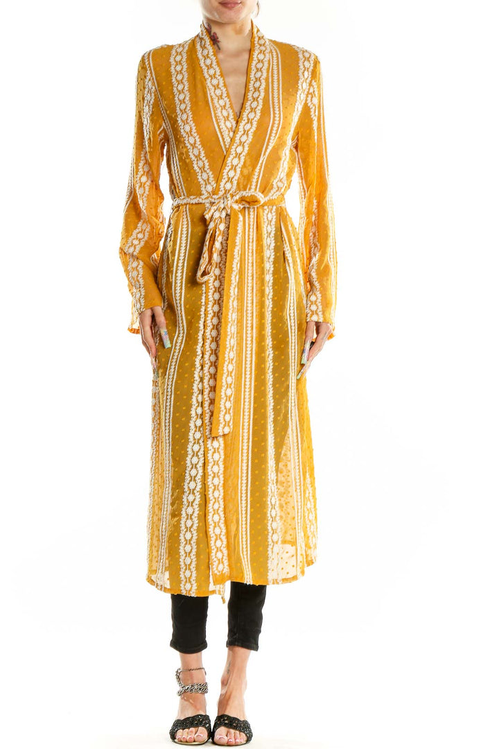 Yellow Embroidered Sheer Wrap Dress