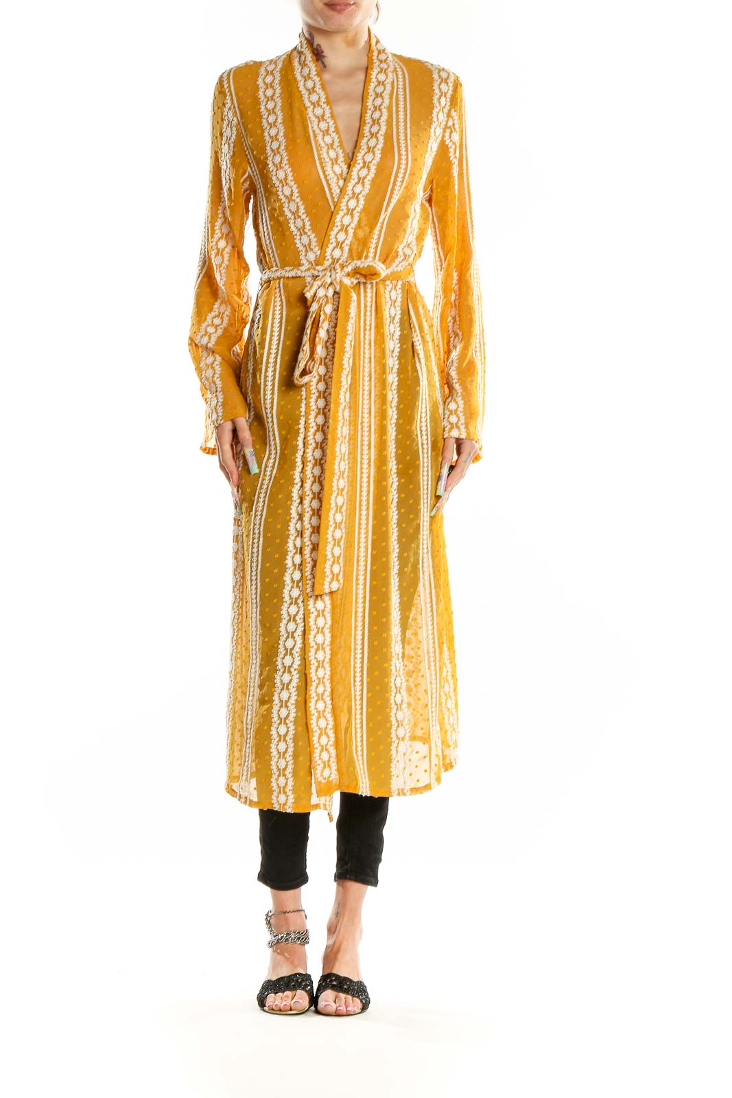 Yellow Embroidered Sheer Wrap Dress