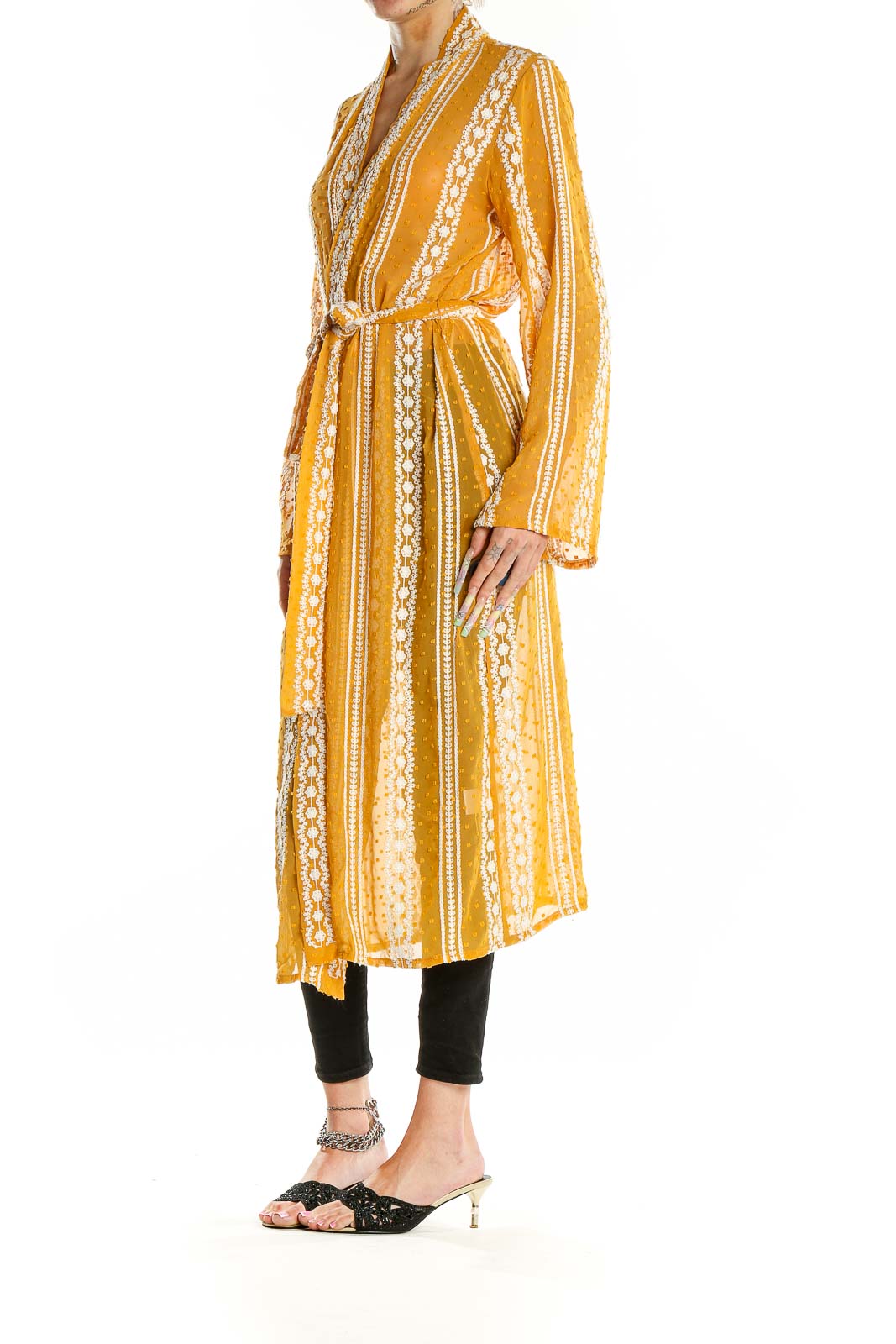 Yellow Embroidered Sheer Wrap Dress