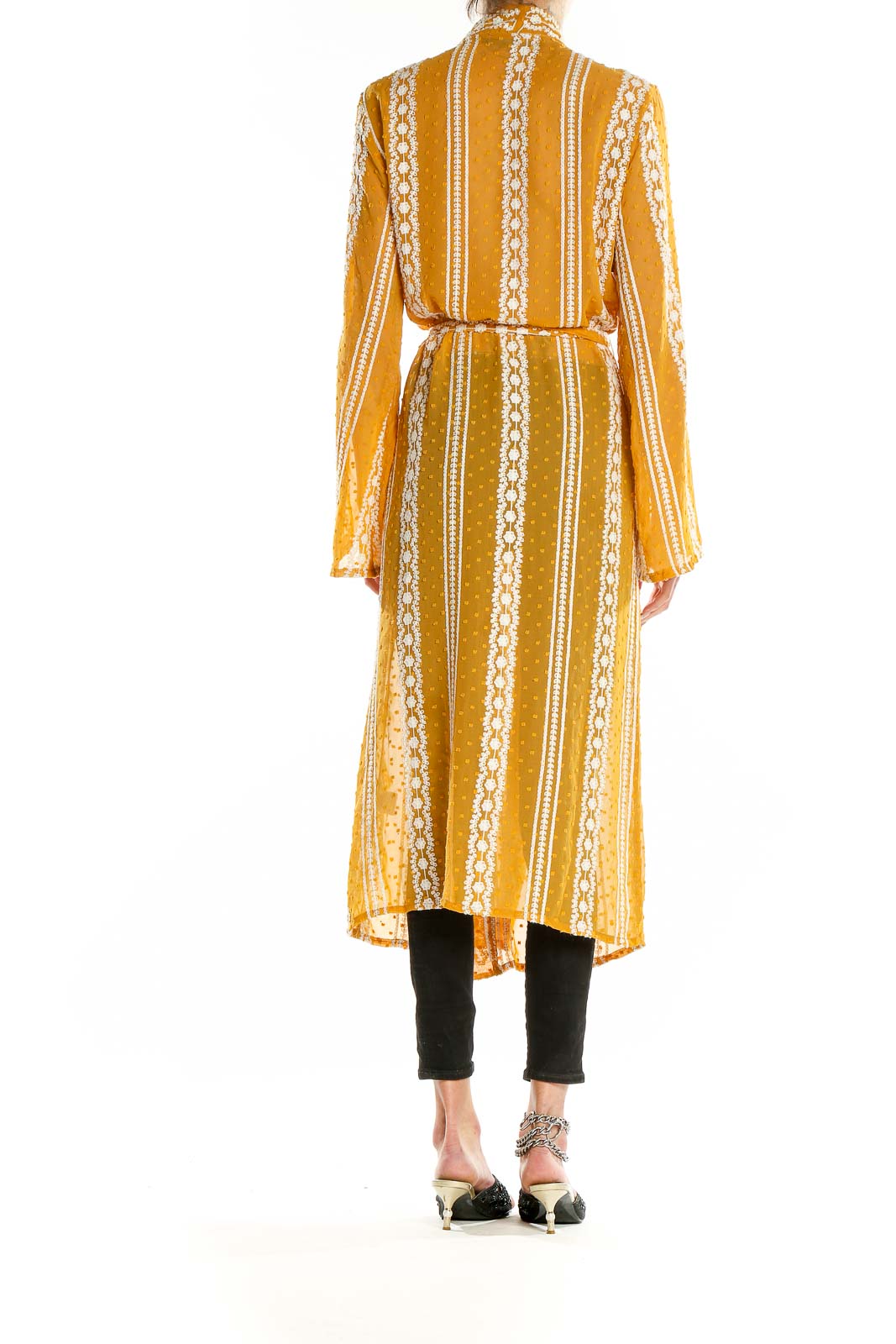 Yellow Embroidered Sheer Wrap Dress