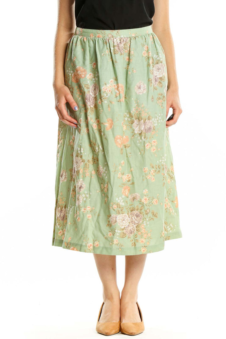 Front view of Alfred Dunner mint green floral midi skirt