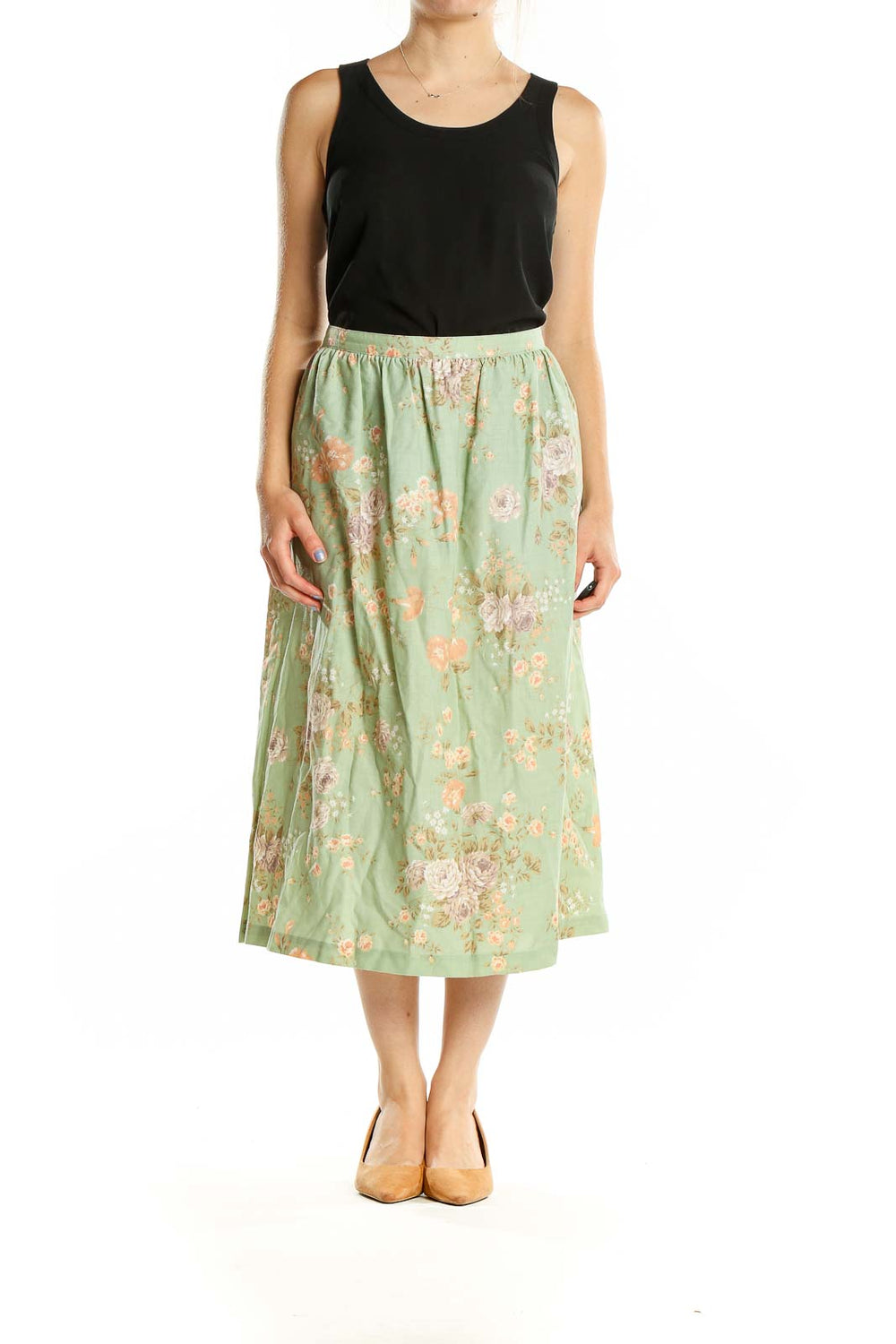 Front view of Alfred Dunner mint green floral midi skirt