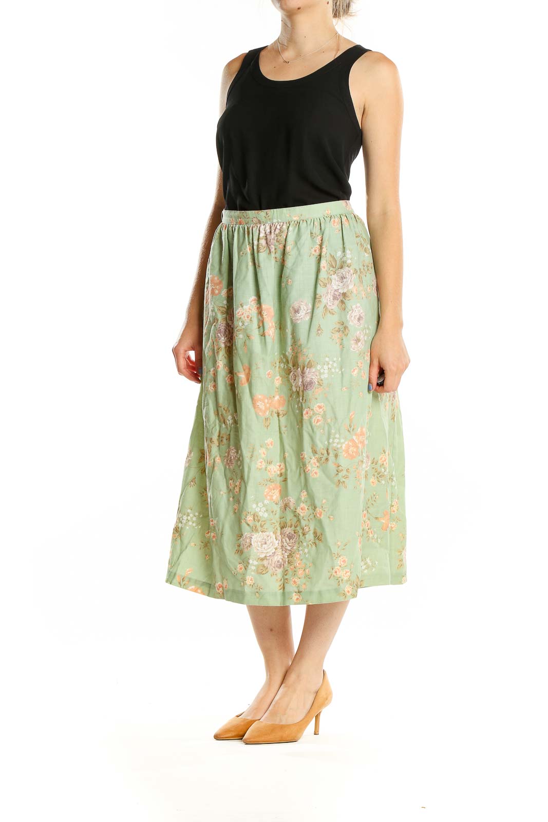 Front view of Alfred Dunner mint green floral midi skirt