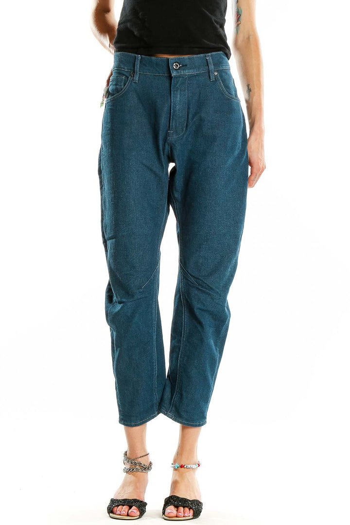 Front view of G-Star Raw blue cropped denim jeans on model