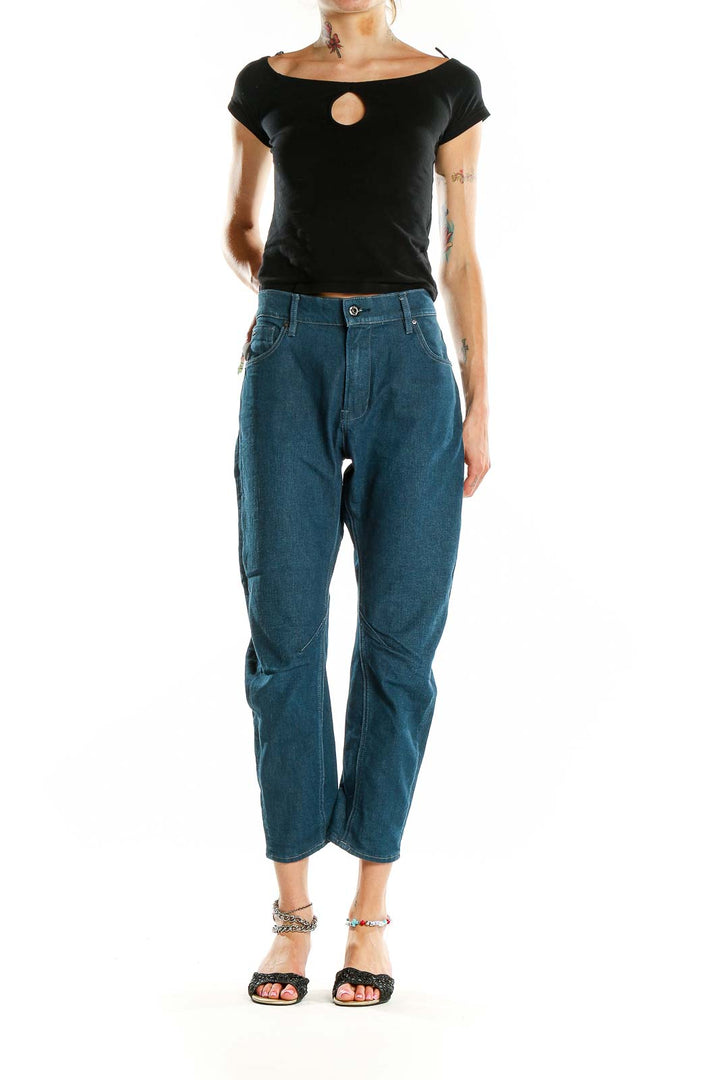 Front view of G-Star Raw blue cropped denim jeans on model