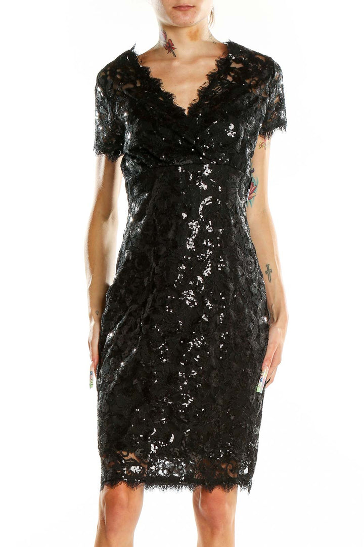 Front view of Marina black sequin lace cocktail dress with V-neckline