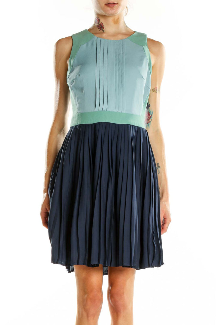 Blue Pleated Colorblock Dress