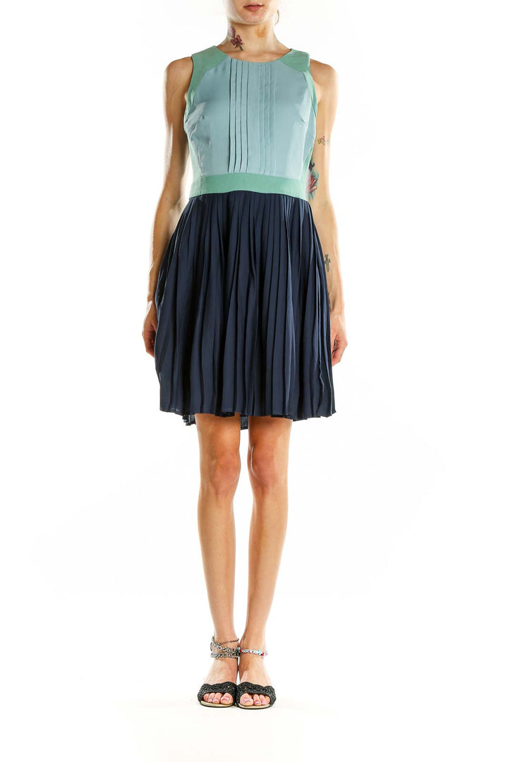 Blue Pleated Colorblock Dress