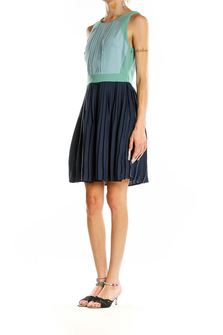 Blue Pleated Colorblock Dress