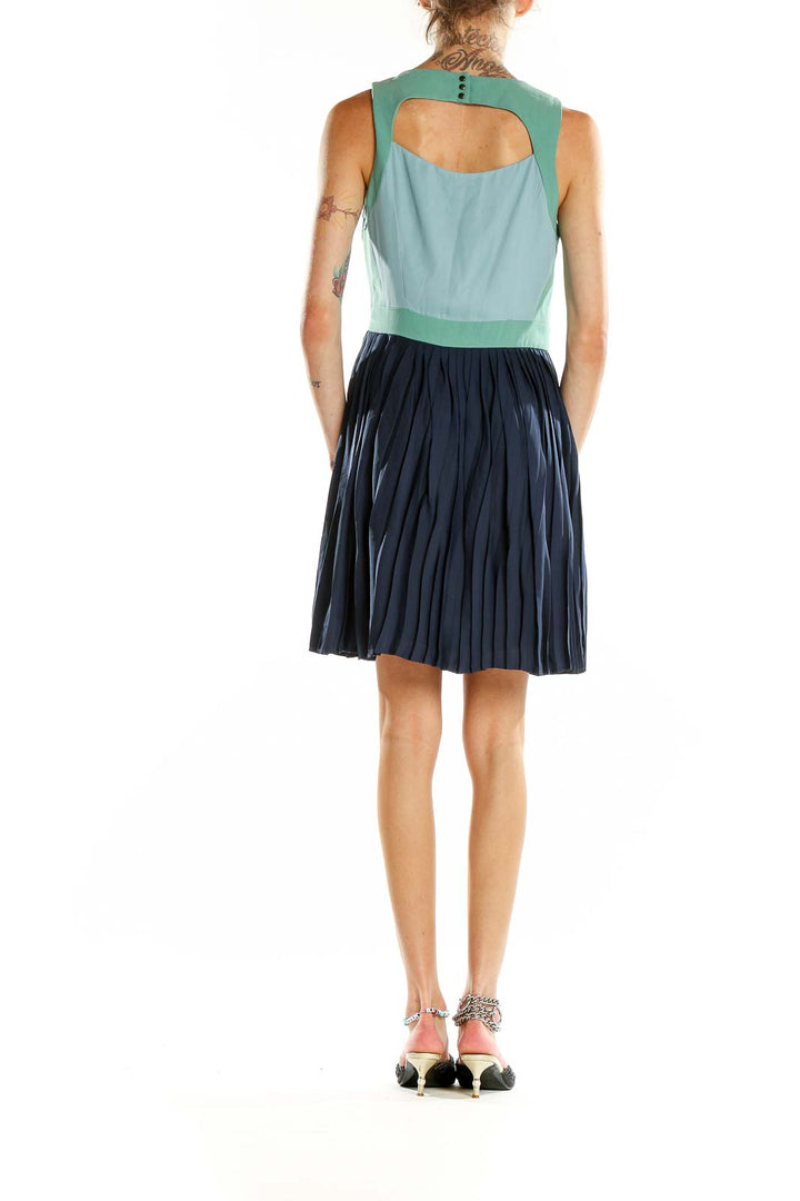 Blue Pleated Colorblock Dress