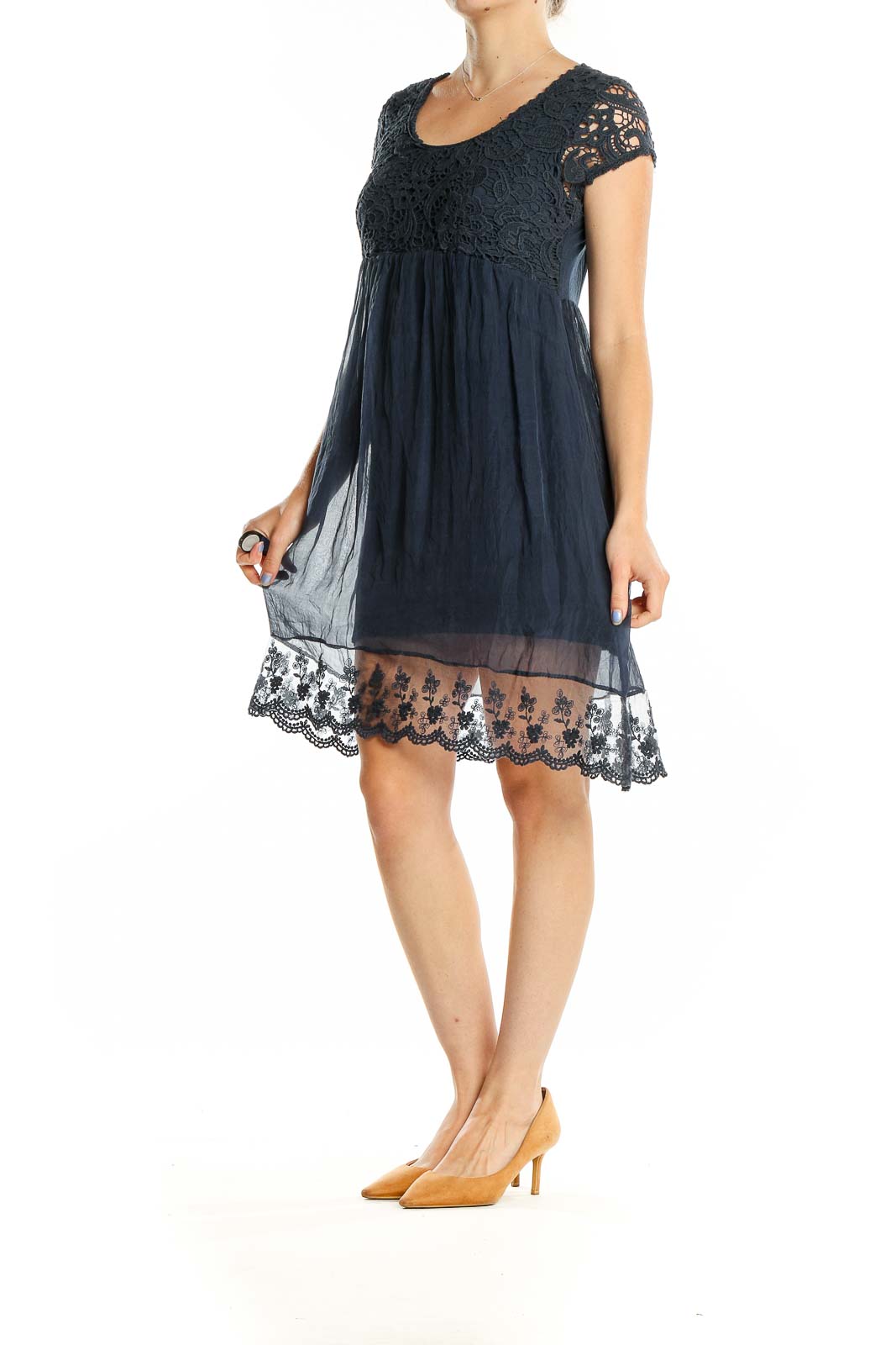 Front view of Piazza Roma navy lace bodice empire waist dress