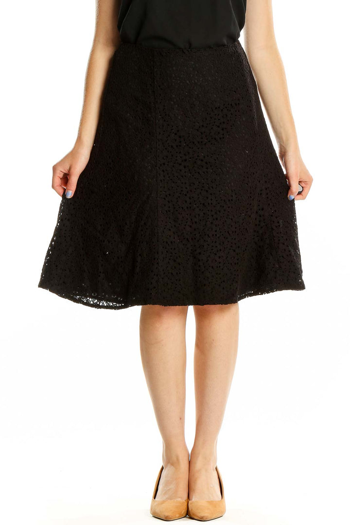 Front view of Nicole by Nicole Miller black lace A-line knee-length skirt