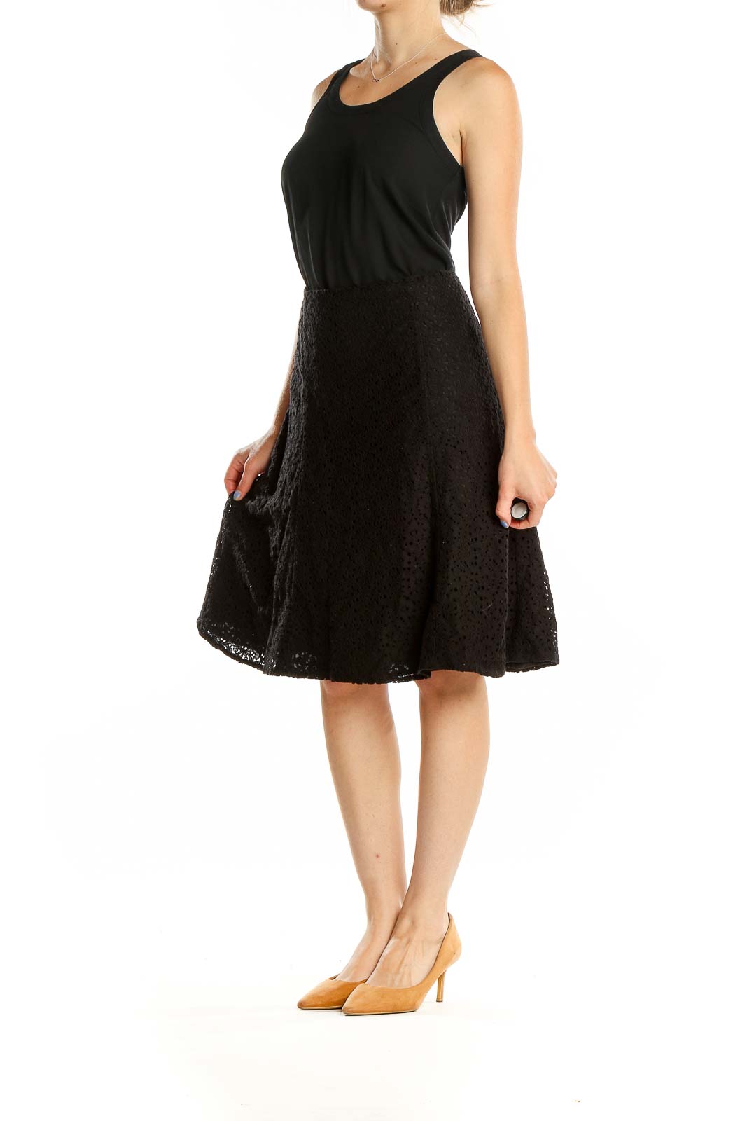 Front view of Nicole by Nicole Miller black lace A-line knee-length skirt